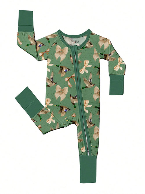 Baby Bamboo Fiber Zip-Up,Bow Wild Duck Gose Print Romper, All-Season Knit Fabric Skinny Fit With Zipper Detail, Baby Girl Clothes, Perfect For Outdoor