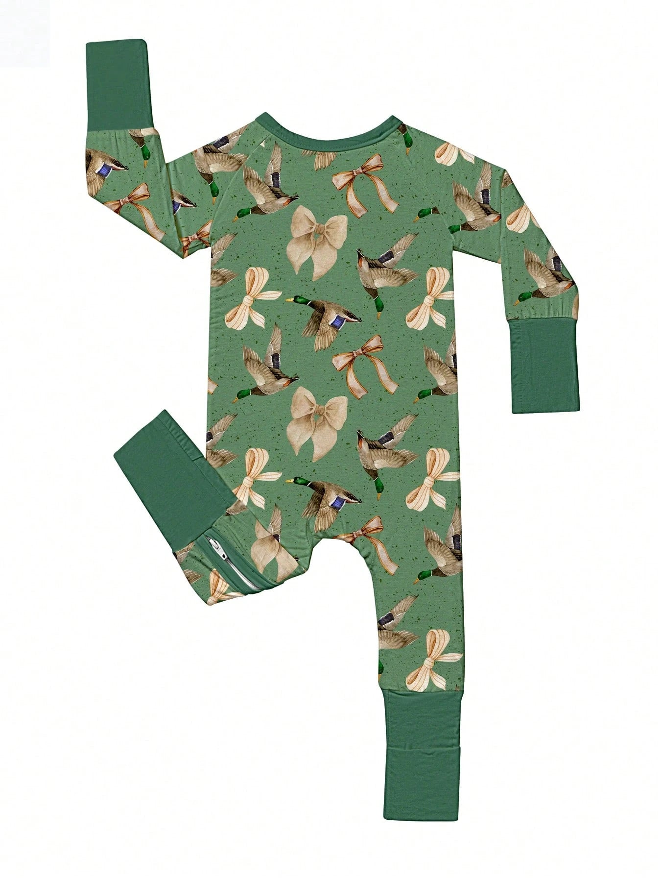 Baby Bamboo Fiber Zip-Up,Bow Wild Duck Gose Print Romper, All-Season Knit Fabric Skinny Fit With Zipper Detail, Baby Girl Clothes, Perfect For Outdoor