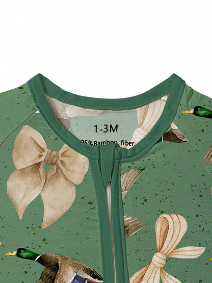 Baby Bamboo Fiber Zip-Up,Bow Wild Duck Gose Print Romper, All-Season Knit Fabric Skinny Fit With Zipper Detail, Baby Girl Clothes, Perfect For Outdoor
