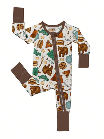 Baby Bamboo Fiber Zip-Up, Camping Bear Print Romper, All-Season Knit Fabric Skinny Fit With Zipper Detail, Boy Girl Baby Clothes, Perfect For Outdoor