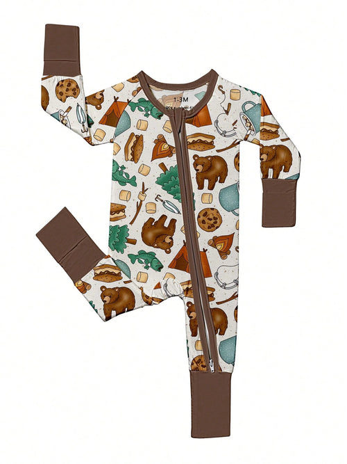 Baby Bamboo Fiber Zip-Up, Camping Bear Print Romper, All-Season Knit Fabric Skinny Fit With Zipper Detail, Boy Girl Baby Clothes, Perfect For Outdoor