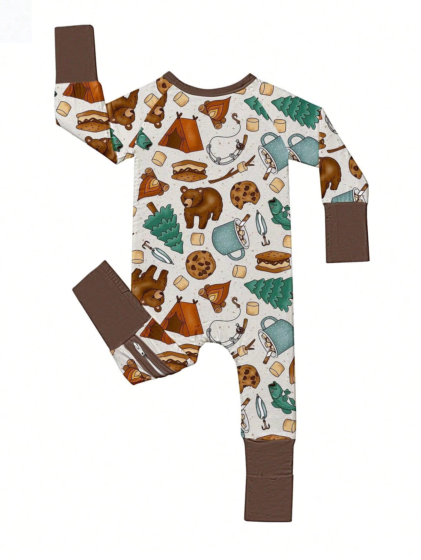 Baby Bamboo Fiber Zip-Up, Camping Bear Print Romper, All-Season Knit Fabric Skinny Fit With Zipper Detail, Boy Girl Baby Clothes, Perfect For Outdoor