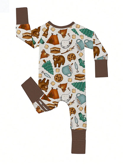 Baby Bamboo Fiber Zip-Up, Camping Bear Print Romper, All-Season Knit Fabric Skinny Fit With Zipper Detail, Boy Girl Baby Clothes, Perfect For Outdoor