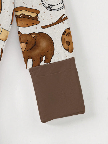 Baby Bamboo Fiber Zip-Up, Camping Bear Print Romper, All-Season Knit Fabric Skinny Fit With Zipper Detail, Boy Girl Baby Clothes, Perfect For Outdoor
