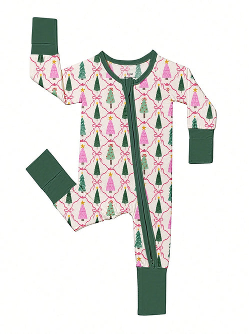 Baby Bamboo Fiber Zip-Up, Christmas Tree Print Romper, All-Season Knit Fabric Skinny Fit With Zipper Detail, Baby Girl Autumn Clothes, Perfect For Outdoor Christmas Gift.