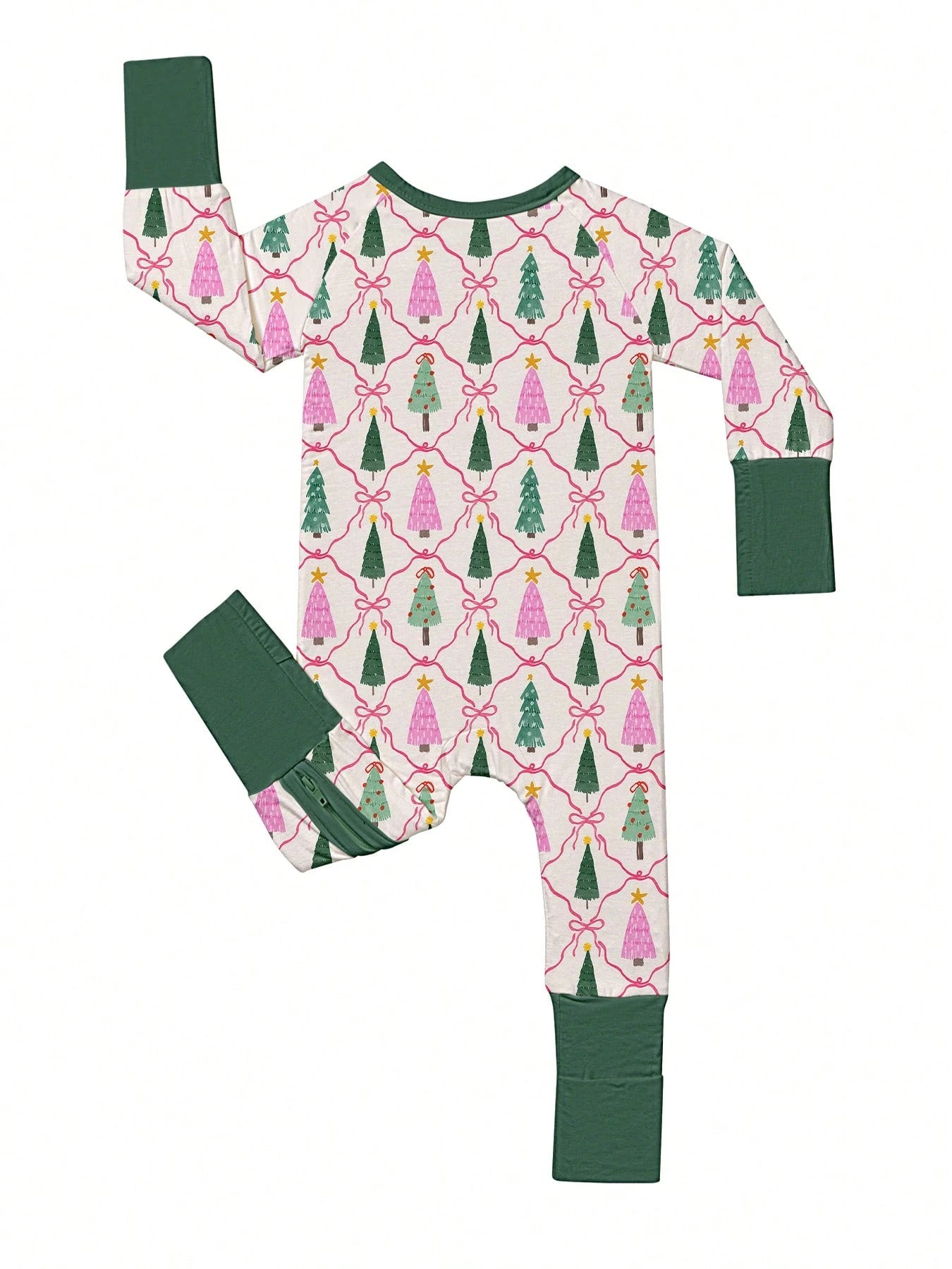 Baby Bamboo Fiber Zip-Up, Christmas Tree Print Romper, All-Season Knit Fabric Skinny Fit With Zipper Detail, Baby Girl Autumn Clothes, Perfect For Outdoor Christmas Gift.