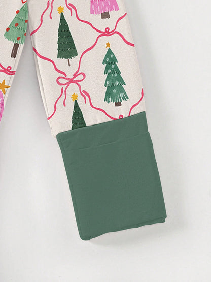 Baby Bamboo Fiber Zip-Up, Christmas Tree Print Romper, All-Season Knit Fabric Skinny Fit With Zipper Detail, Baby Girl Autumn Clothes, Perfect For Outdoor Christmas Gift.
