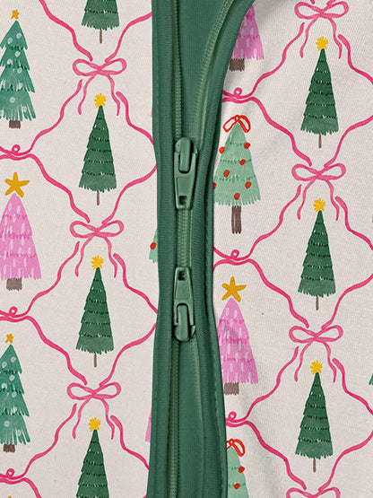 Baby Bamboo Fiber Zip-Up, Christmas Tree Print Romper, All-Season Knit Fabric Skinny Fit With Zipper Detail, Baby Girl Autumn Clothes, Perfect For Outdoor Christmas Gift.