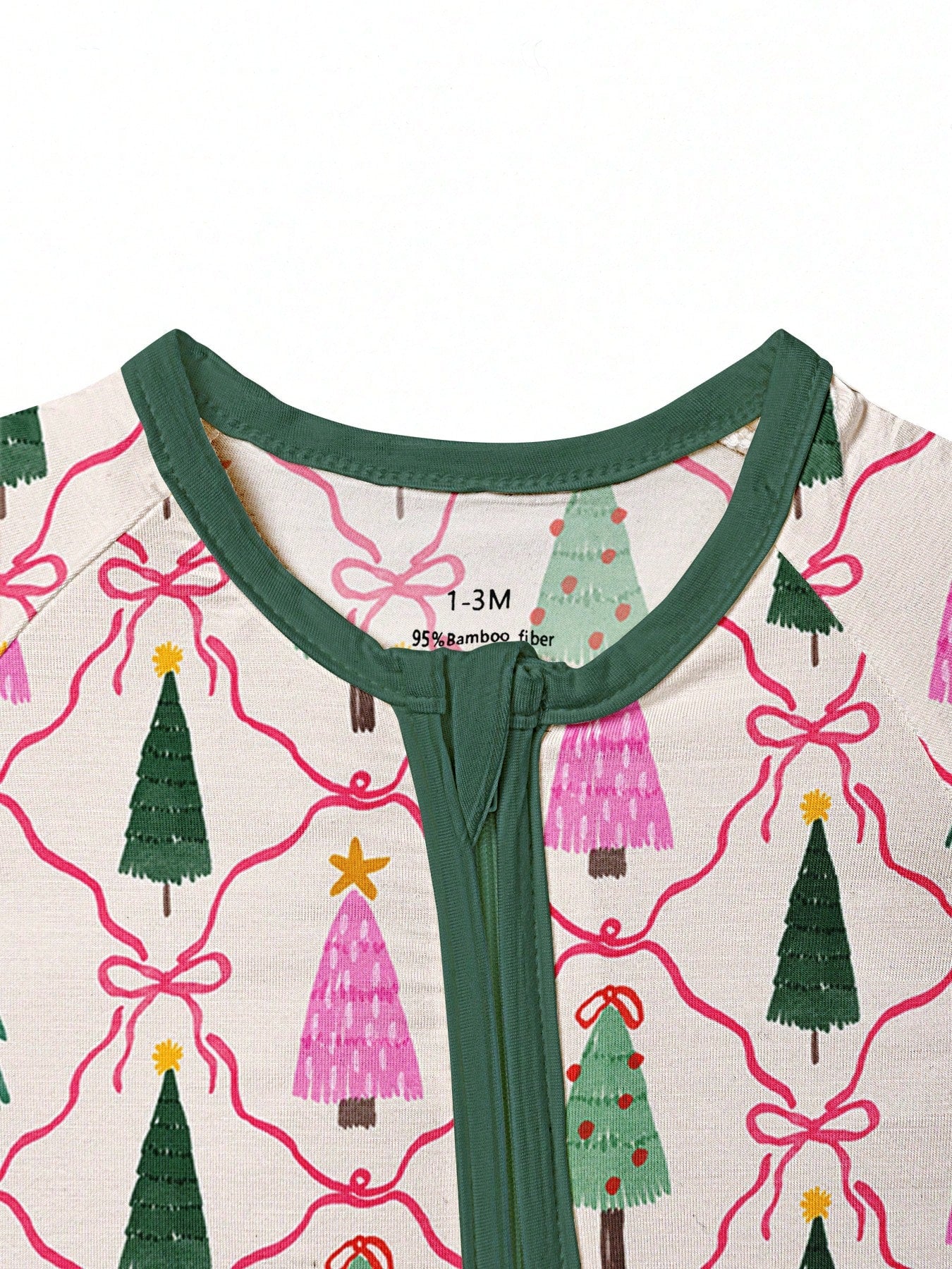 Baby Bamboo Fiber Zip-Up, Christmas Tree Print Romper, All-Season Knit Fabric Skinny Fit With Zipper Detail, Baby Girl Autumn Clothes, Perfect For Outdoor Christmas Gift.