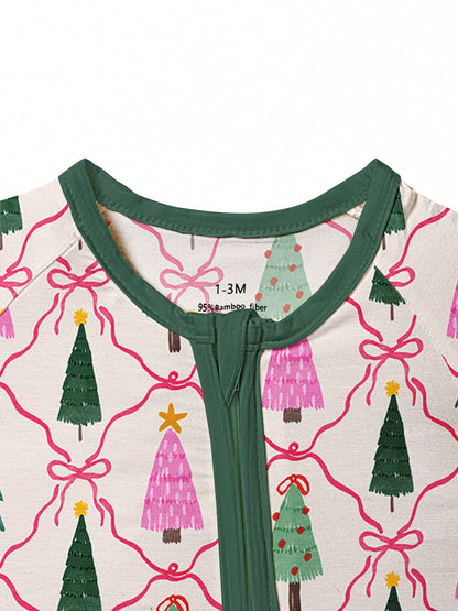 Baby Bamboo Fiber Zip-Up, Christmas Tree Print Romper, All-Season Knit Fabric Skinny Fit With Zipper Detail, Baby Girl Autumn Clothes, Perfect For Outdoor Christmas Gift.