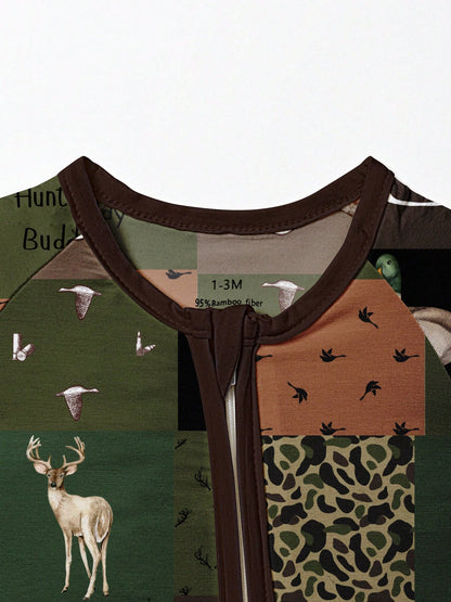 Baby Bamboo Fiber Zip-Up, Cow Duck Western Animal Print Romper, All-Season Knit Fabric Skinny Fit With Zipper Detail, Boy Baby Clothes, Perfect For Outdoor
