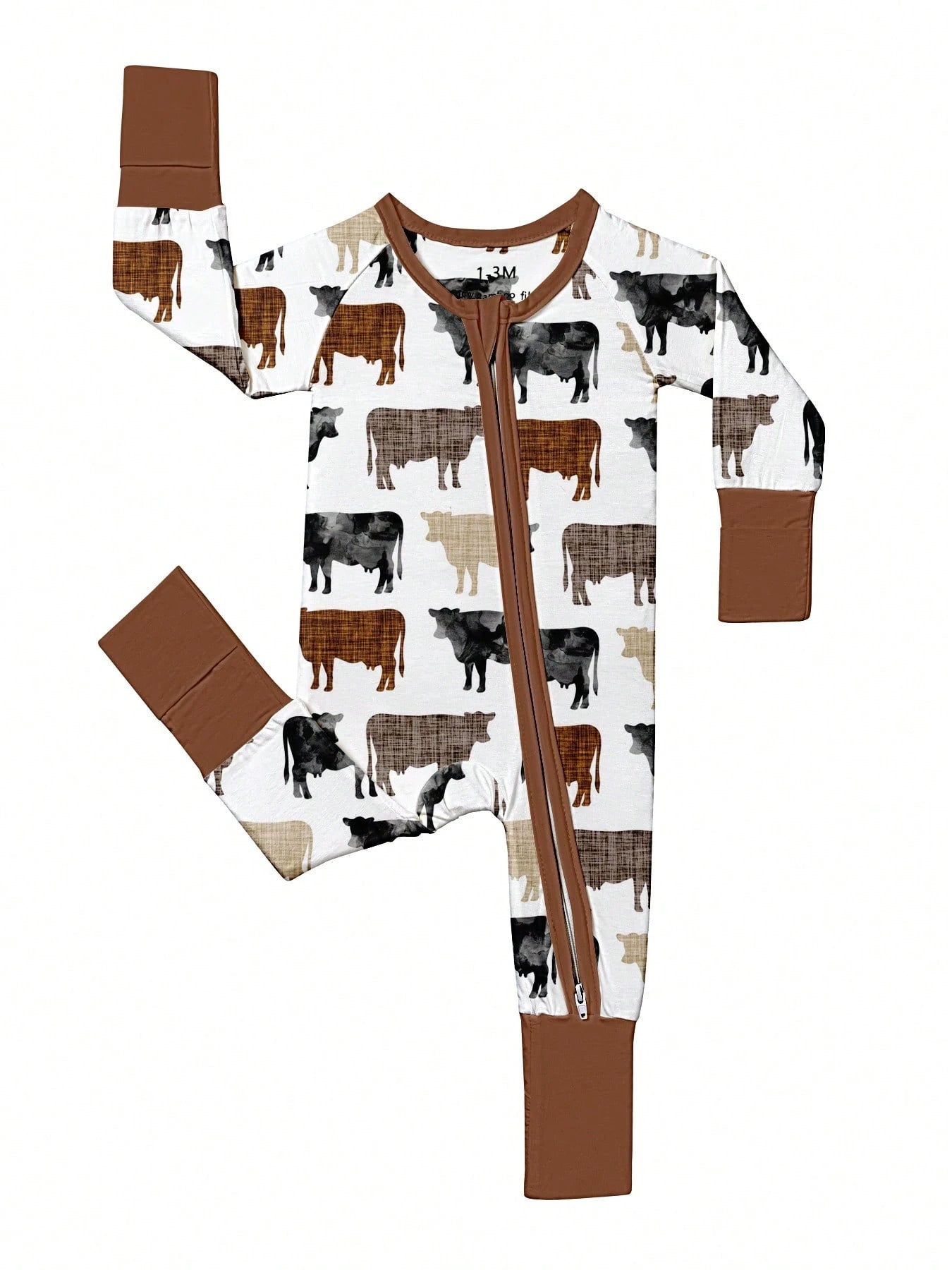 Baby Bamboo Fiber Zip-Up, Cow Print Romper, All-Season Knit Fabric Skinny Fit With Zipper Detail, Boy Baby Clothes, Perfect For Outdoor