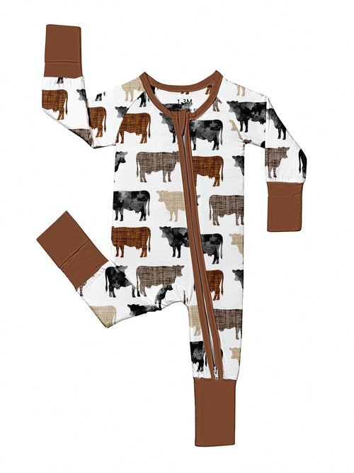 Baby Bamboo Fiber Zip-Up, Cow Print Romper, All-Season Knit Fabric Skinny Fit With Zipper Detail, Boy Baby Clothes, Perfect For Outdoor