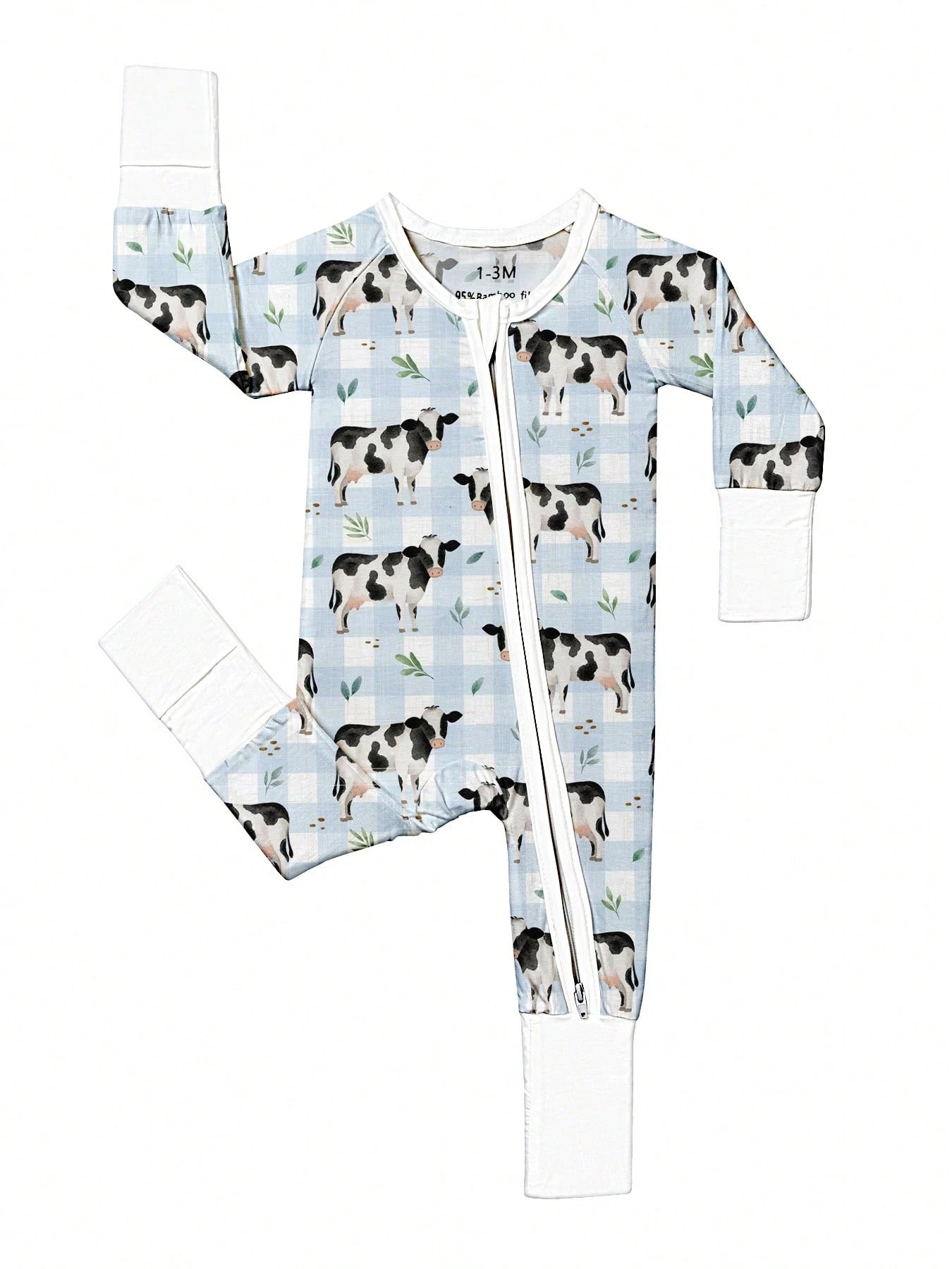 Baby Bamboo Fiber Zip-Up, Cow Print Romper, All-Season Knit Fabric Skinny Fit With Zipper Detail, Boy Baby Girl Clothes, Perfect For Outdoor
