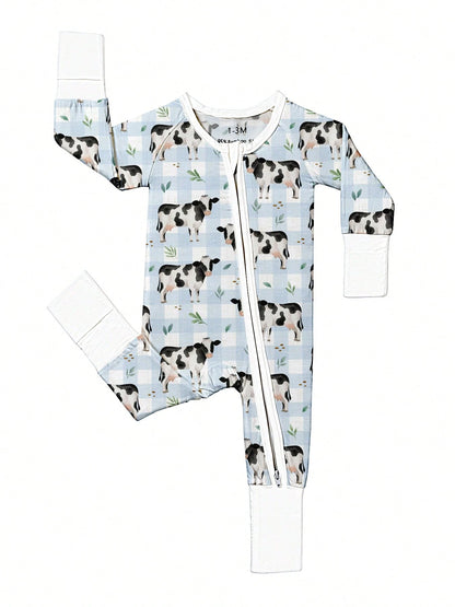 Baby Bamboo Fiber Zip-Up, Cow Print Romper, All-Season Knit Fabric Skinny Fit With Zipper Detail, Boy Baby Girl Clothes, Perfect For Outdoor