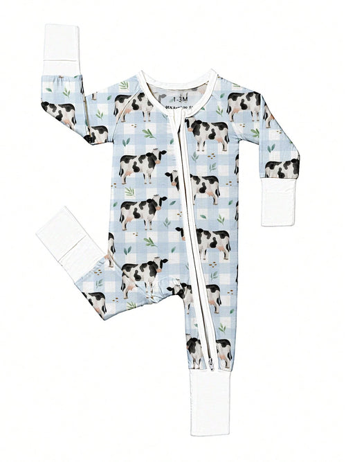 Baby Bamboo Fiber Zip-Up, Cow Print Romper, All-Season Knit Fabric Skinny Fit With Zipper Detail, Boy Baby Girl Clothes, Perfect For Outdoor