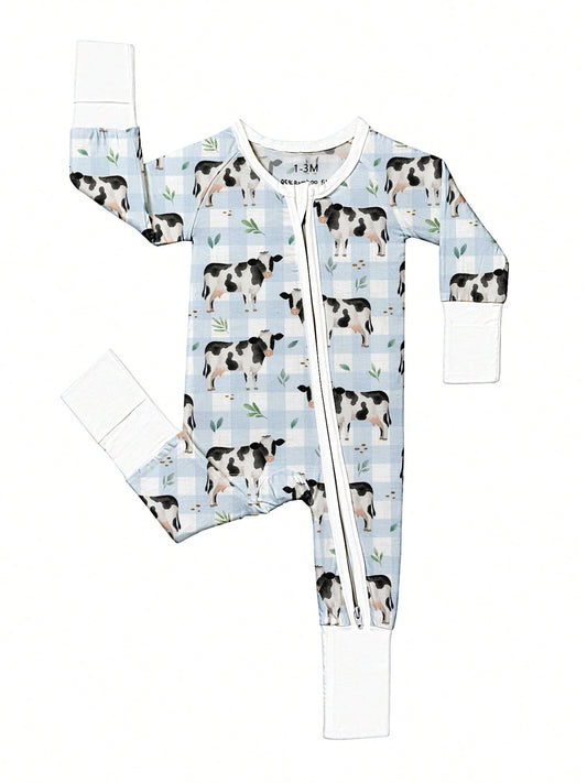 Baby Bamboo Fiber Zip-Up, Cow Print Romper, All-Season Knit Fabric Skinny Fit With Zipper Detail, Boy Baby Girl Clothes, Perfect For Outdoor