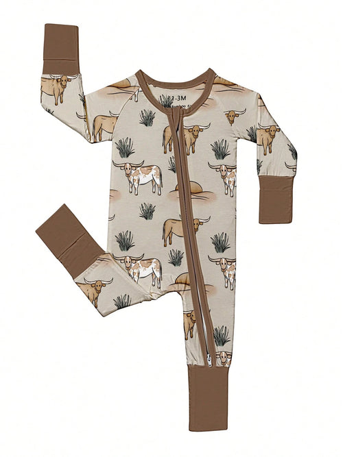 Baby Bamboo Fiber Zip-Up, Cow Print Romper, All-Season Knit Fabric Skinny Fit With Zipper Detail, Boy Baby Girl Clothes, Perfect For Outdoor