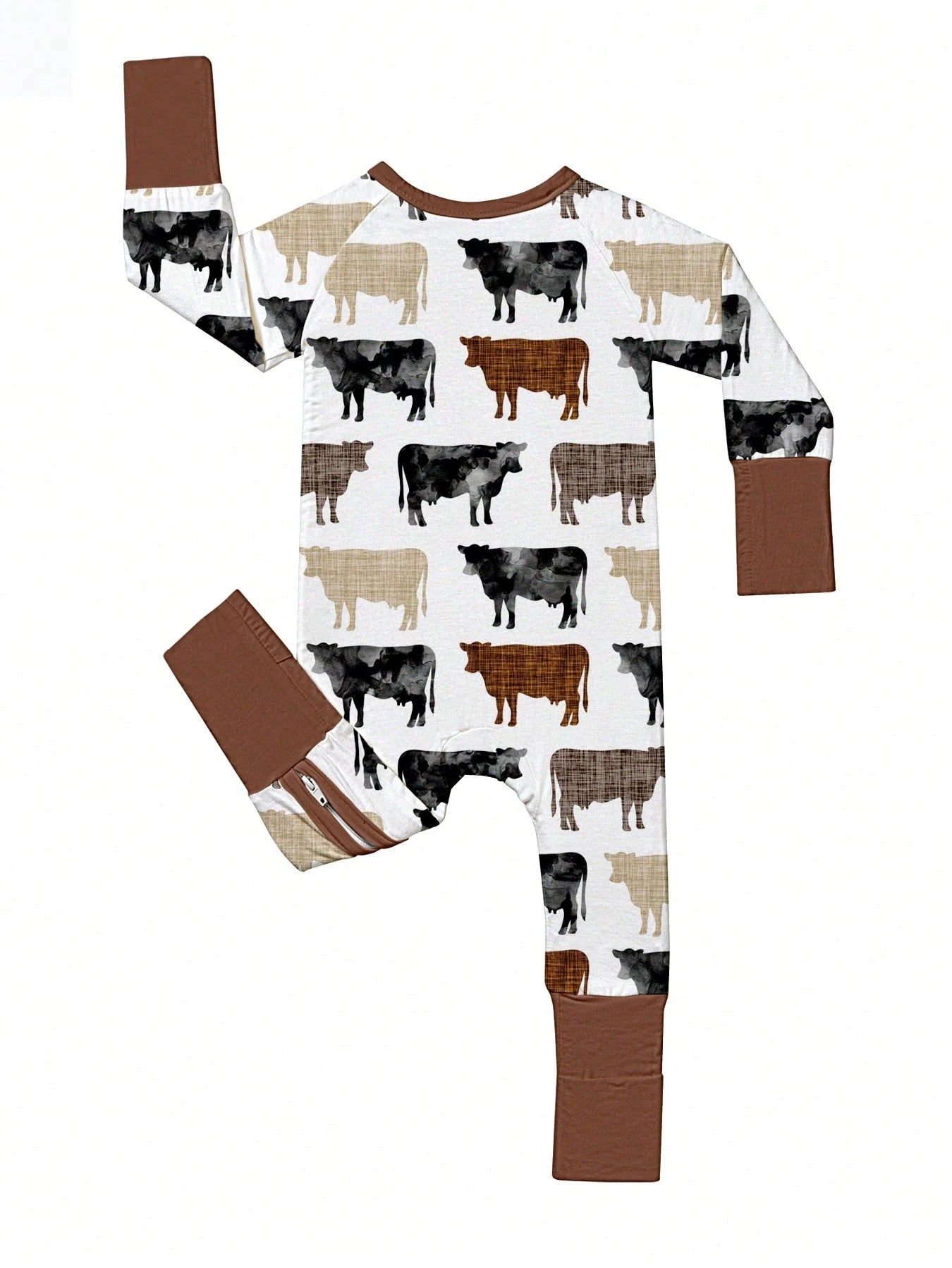 Baby Bamboo Fiber Zip-Up, Cow Print Romper, All-Season Knit Fabric Skinny Fit With Zipper Detail, Boy Baby Clothes, Perfect For Outdoor