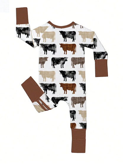 Baby Bamboo Fiber Zip-Up, Cow Print Romper, All-Season Knit Fabric Skinny Fit With Zipper Detail, Boy Baby Clothes, Perfect For Outdoor