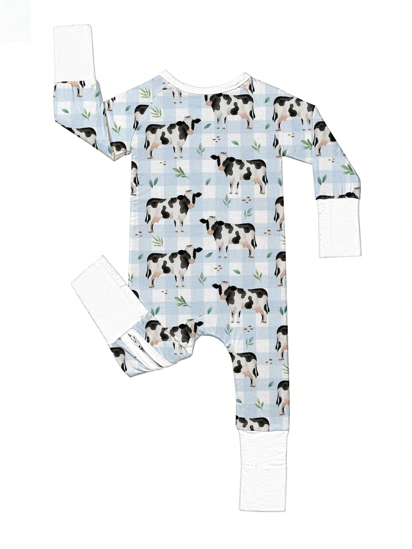 Baby Bamboo Fiber Zip-Up, Cow Print Romper, All-Season Knit Fabric Skinny Fit With Zipper Detail, Boy Baby Girl Clothes, Perfect For Outdoor