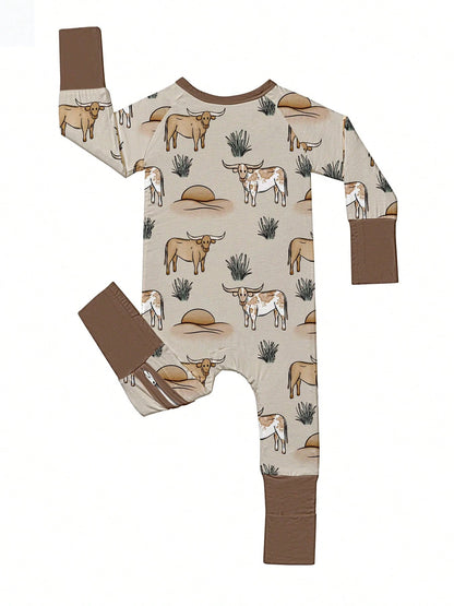 Baby Bamboo Fiber Zip-Up, Cow Print Romper, All-Season Knit Fabric Skinny Fit With Zipper Detail, Boy Baby Girl Clothes, Perfect For Outdoor