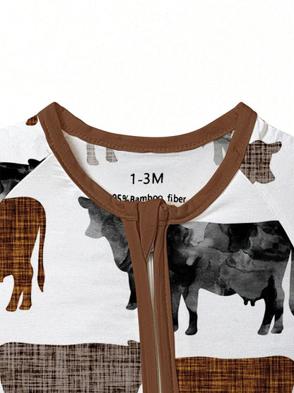 Baby Bamboo Fiber Zip-Up, Cow Print Romper, All-Season Knit Fabric Skinny Fit With Zipper Detail, Boy Baby Clothes, Perfect For Outdoor