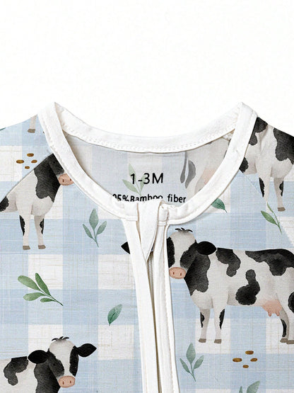 Baby Bamboo Fiber Zip-Up, Cow Print Romper, All-Season Knit Fabric Skinny Fit With Zipper Detail, Boy Baby Girl Clothes, Perfect For Outdoor