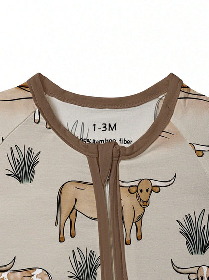 Baby Bamboo Fiber Zip-Up, Cow Print Romper, All-Season Knit Fabric Skinny Fit With Zipper Detail, Boy Baby Girl Clothes, Perfect For Outdoor