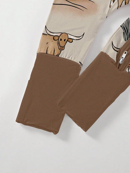 Baby Bamboo Fiber Zip-Up, Cow Print Romper, All-Season Knit Fabric Skinny Fit With Zipper Detail, Boy Baby Girl Clothes, Perfect For Outdoor