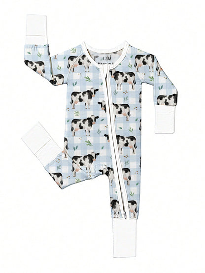 Baby Bamboo Fiber Zip-Up, Cow Print Romper, All-Season Knit Fabric Skinny Fit With Zipper Detail, Boy Baby Girl Clothes, Perfect For Outdoor