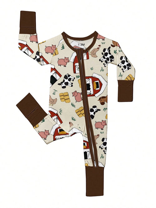Baby Bamboo Fiber Zip-Up, Farm Animal Pig Cow Print Romper, All-Season Knit Fabric Skinny Fit With Zipper Detail, Boy Girl Baby Clothes, Perfect For Outdoor