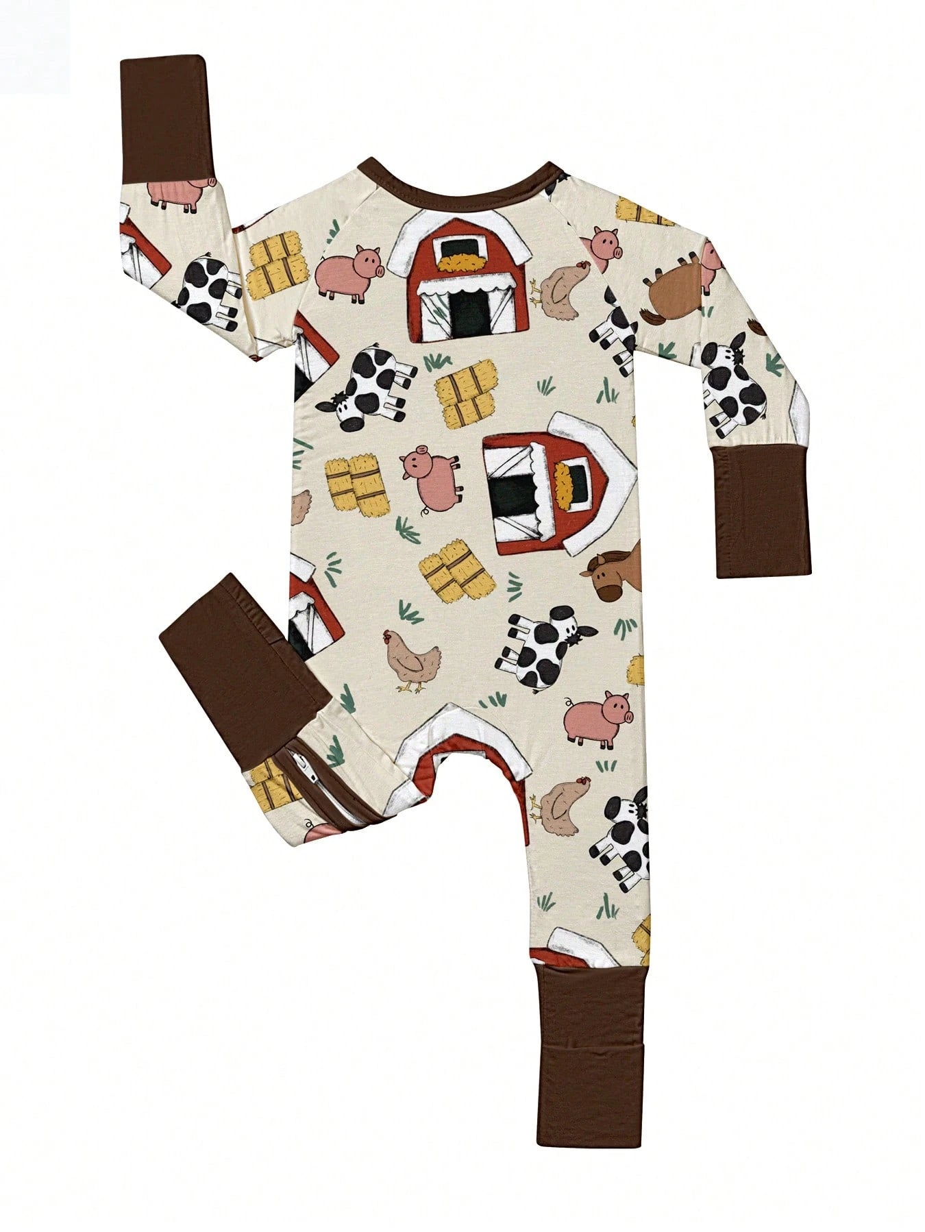 Baby Bamboo Fiber Zip-Up, Farm Animal Pig Cow Print Romper, All-Season Knit Fabric Skinny Fit With Zipper Detail, Boy Girl Baby Clothes, Perfect For Outdoor