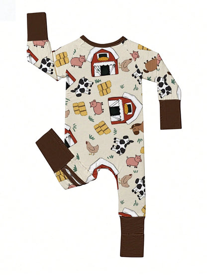 Baby Bamboo Fiber Zip-Up, Farm Animal Pig Cow Print Romper, All-Season Knit Fabric Skinny Fit With Zipper Detail, Boy Girl Baby Clothes, Perfect For Outdoor