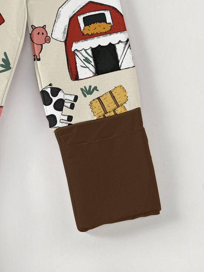 Baby Bamboo Fiber Zip-Up, Farm Animal Pig Cow Print Romper, All-Season Knit Fabric Skinny Fit With Zipper Detail, Boy Girl Baby Clothes, Perfect For Outdoor