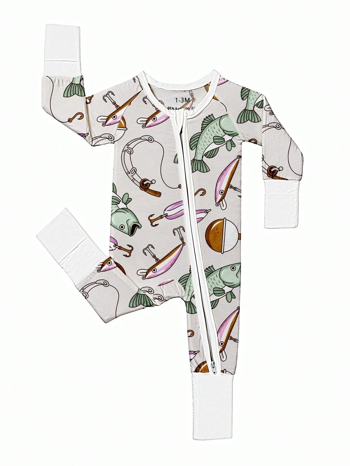 Baby Bamboo Fiber Zip-Up, Fishing Print Romper, All-Season Knit Fabric Skinny Fit With Zipper Detail, Boy Baby Clothes, Perfect For Outdoor