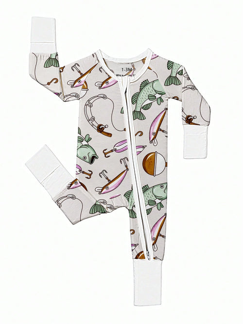 Baby Bamboo Fiber Zip-Up, Fishing Print Romper, All-Season Knit Fabric Skinny Fit With Zipper Detail, Boy Baby Clothes, Perfect For Outdoor