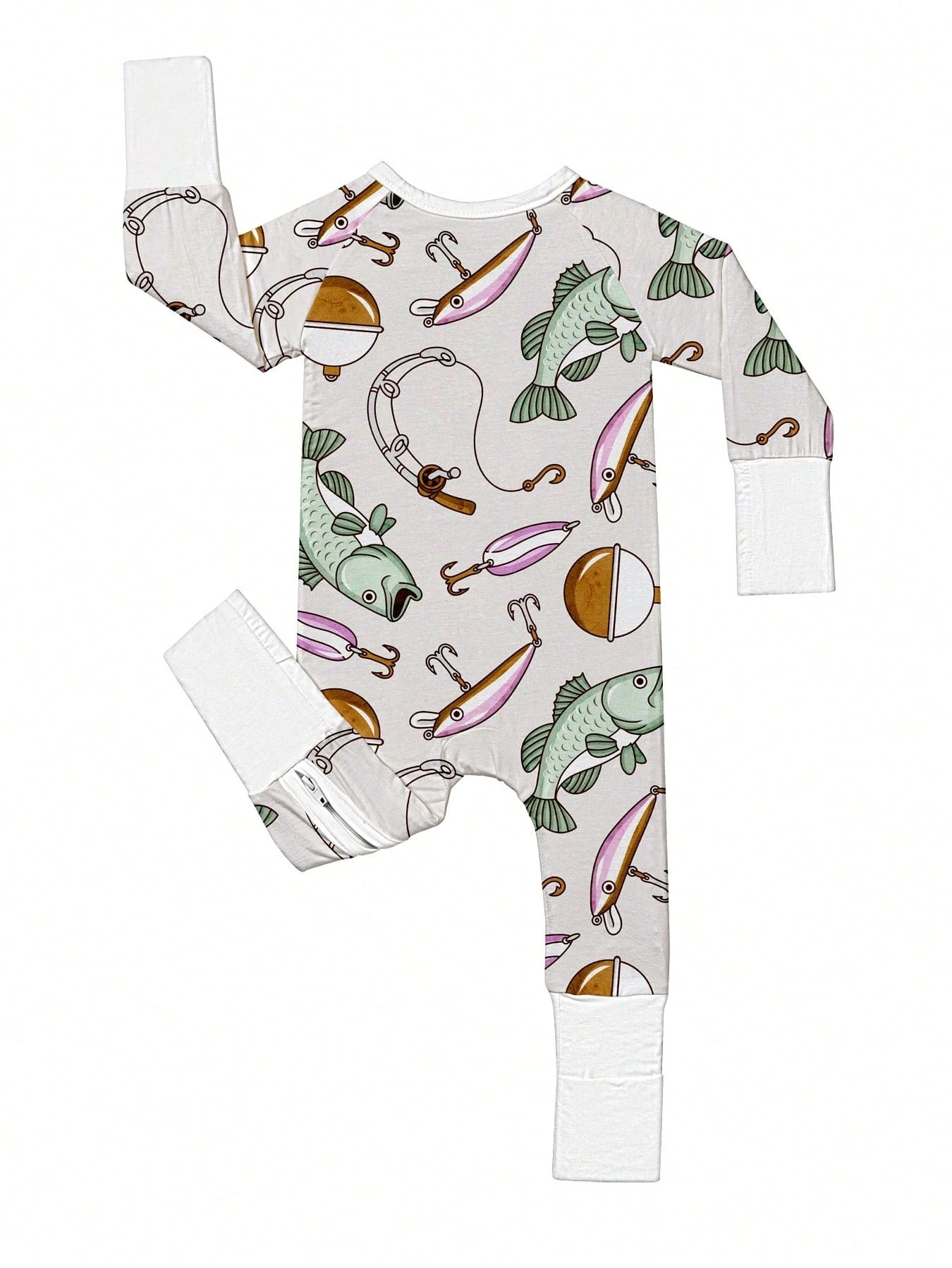 Baby Bamboo Fiber Zip-Up, Fishing Print Romper, All-Season Knit Fabric Skinny Fit With Zipper Detail, Boy Baby Clothes, Perfect For Outdoor
