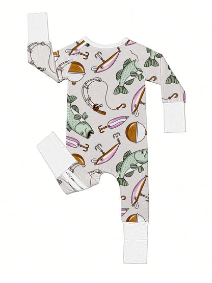 Baby Bamboo Fiber Zip-Up, Fishing Print Romper, All-Season Knit Fabric Skinny Fit With Zipper Detail, Boy Baby Clothes, Perfect For Outdoor