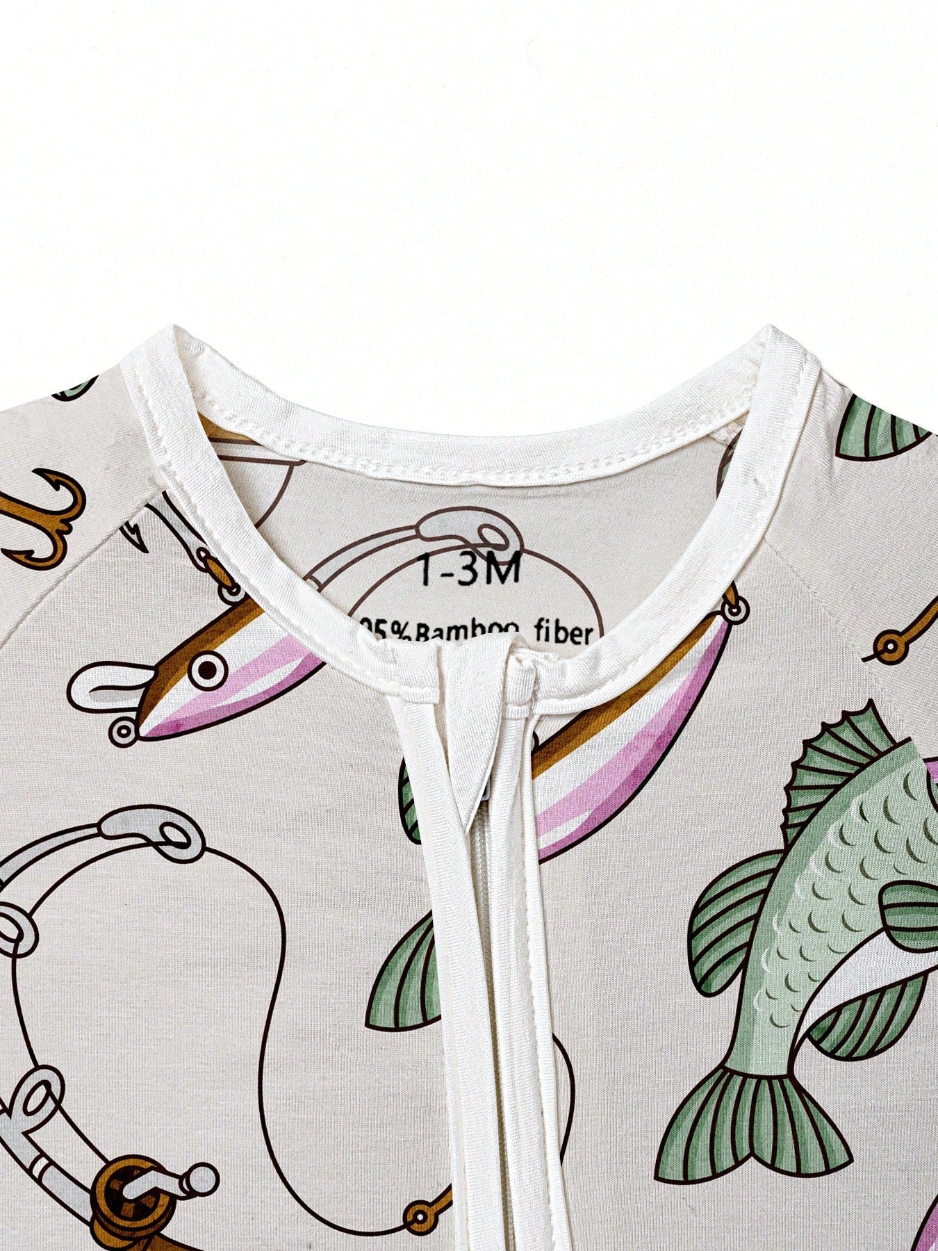 Baby Bamboo Fiber Zip-Up, Fishing Print Romper, All-Season Knit Fabric Skinny Fit With Zipper Detail, Boy Baby Clothes, Perfect For Outdoor