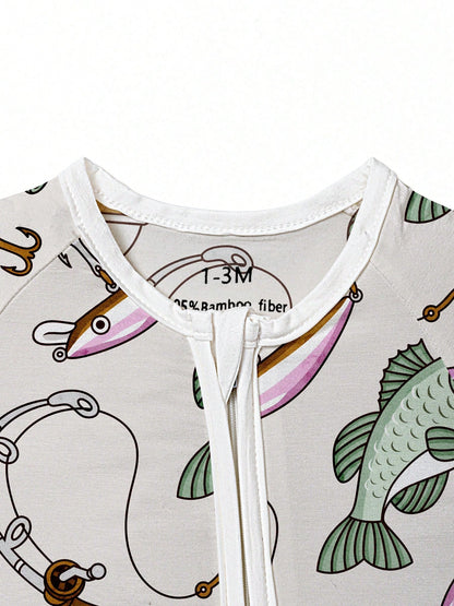 Baby Bamboo Fiber Zip-Up, Fishing Print Romper, All-Season Knit Fabric Skinny Fit With Zipper Detail, Boy Baby Clothes, Perfect For Outdoor