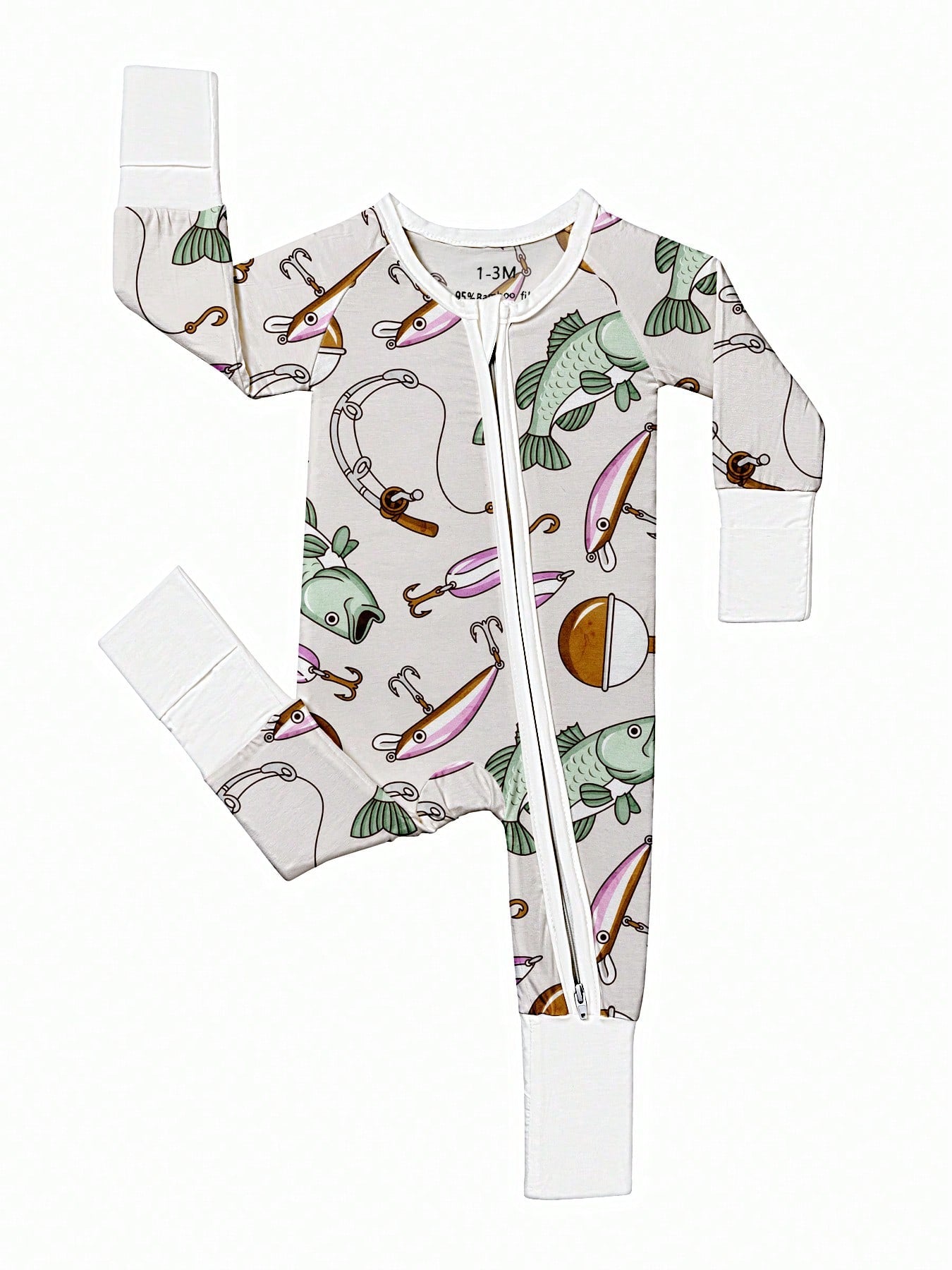 Baby Bamboo Fiber Zip-Up, Fishing Print Romper, All-Season Knit Fabric Skinny Fit With Zipper Detail, Boy Baby Clothes, Perfect For Outdoor