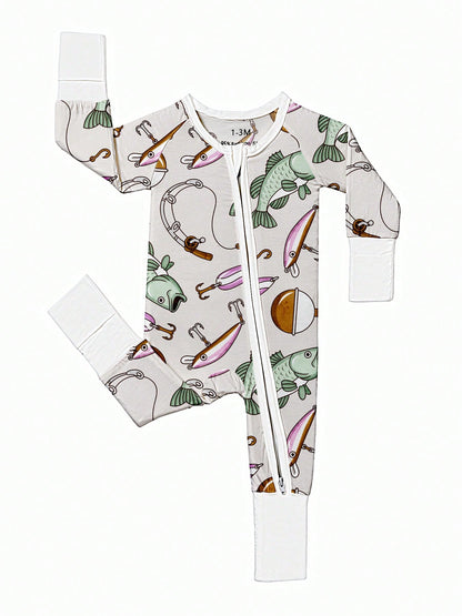 Baby Bamboo Fiber Zip-Up, Fishing Print Romper, All-Season Knit Fabric Skinny Fit With Zipper Detail, Boy Baby Clothes, Perfect For Outdoor