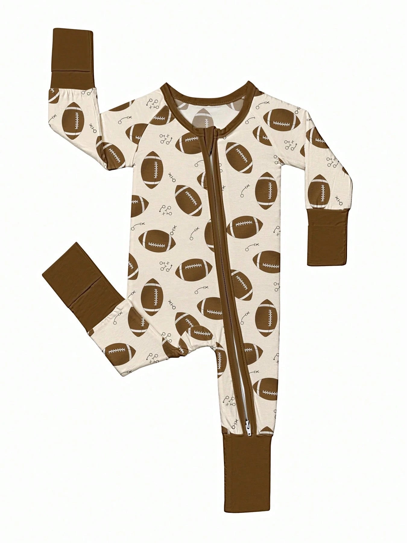 Baby Bamboo Fiber Zip-Up, Football Print Romper, All-Season Knit Fabric Skinny Fit With Zipper, Boy Baby Girl Clothes, Perfect For Outdoor