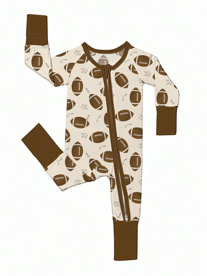 Baby Bamboo Fiber Zip-Up, Football Print Romper, All-Season Knit Fabric Skinny Fit With Zipper, Boy Baby Girl Clothes, Perfect For Outdoor