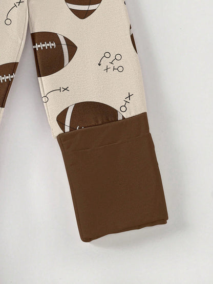 Baby Bamboo Fiber Zip-Up, Football Print Romper, All-Season Knit Fabric Skinny Fit With Zipper, Boy Baby Girl Clothes, Perfect For Outdoor