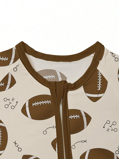 Baby Bamboo Fiber Zip-Up, Football Print Romper, All-Season Knit Fabric Skinny Fit With Zipper, Boy Baby Girl Clothes, Perfect For Outdoor