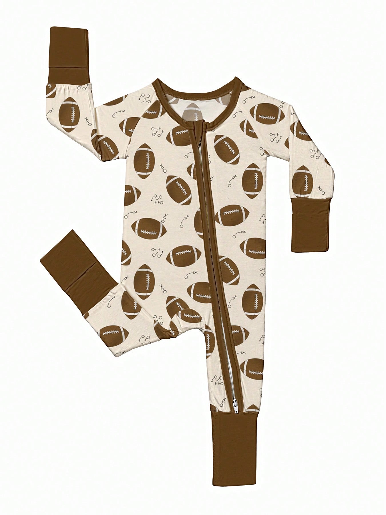 Baby Bamboo Fiber Zip-Up, Football Print Romper, All-Season Knit Fabric Skinny Fit With Zipper, Boy Baby Girl Clothes, Perfect For Outdoor