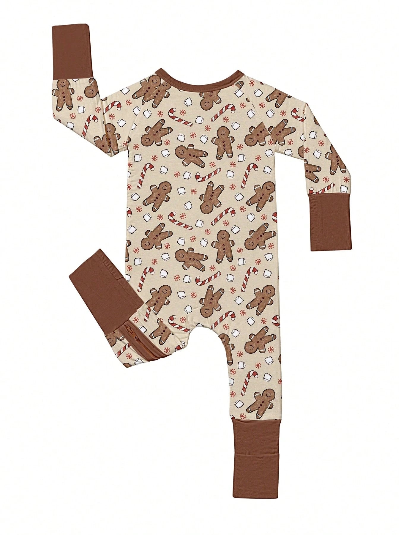 Baby Bamboo Fiber Zip-Up, Gingerbread Man Christmas Marshmallow Print Romper, All-Season Knit Fabric Skinny Fit With Zipper Detail, Baby Girl Autumn Clothes, Perfect For Outdoor Christmas Gift.