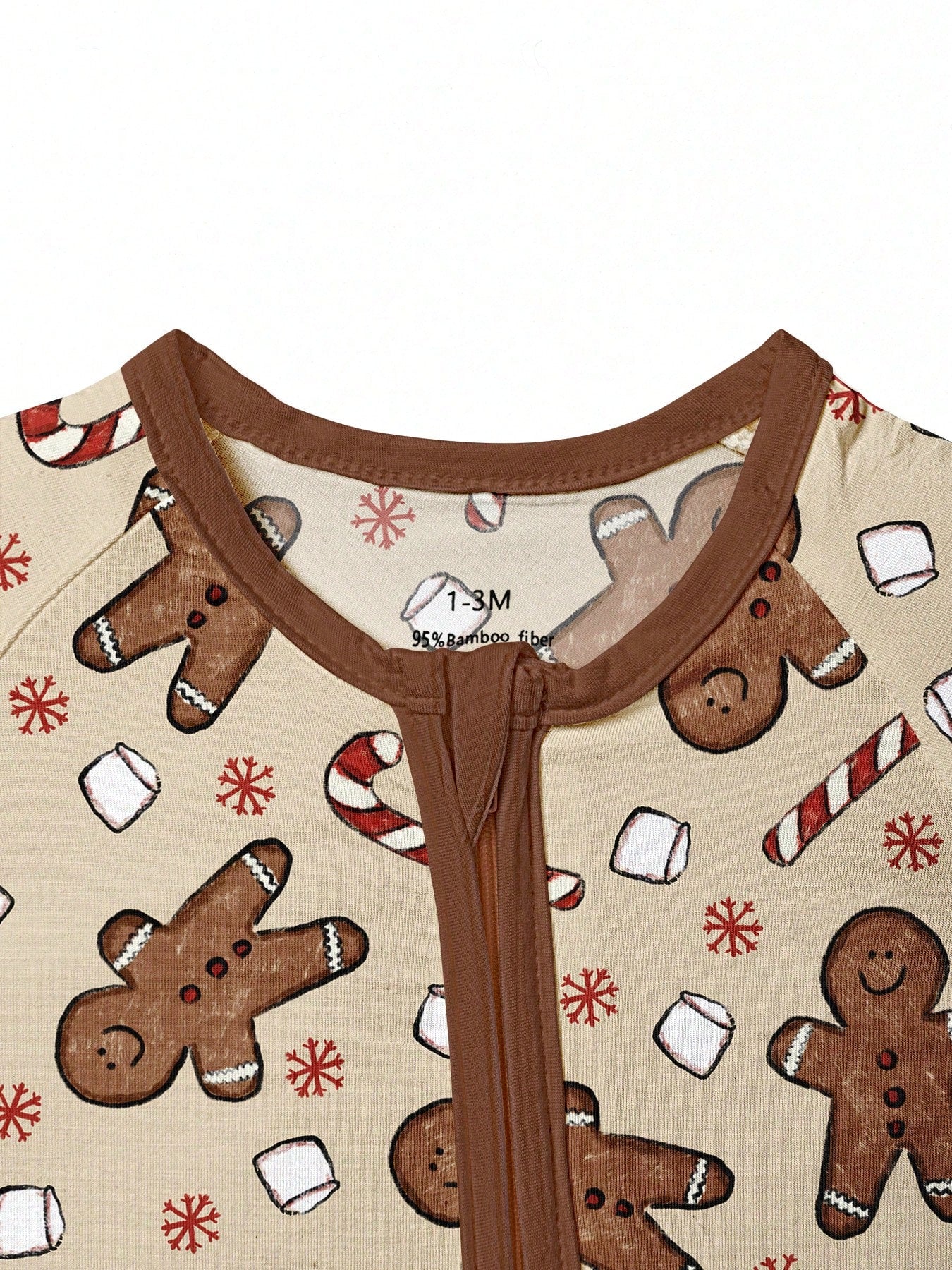 Baby Bamboo Fiber Zip-Up, Gingerbread Man Christmas Marshmallow Print Romper, All-Season Knit Fabric Skinny Fit With Zipper Detail, Baby Girl Autumn Clothes, Perfect For Outdoor Christmas Gift.